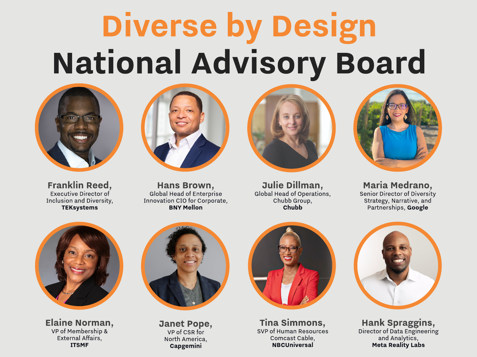 Diverse by Design National Advisory Board with eight circular headshots and names and titles of board members.
