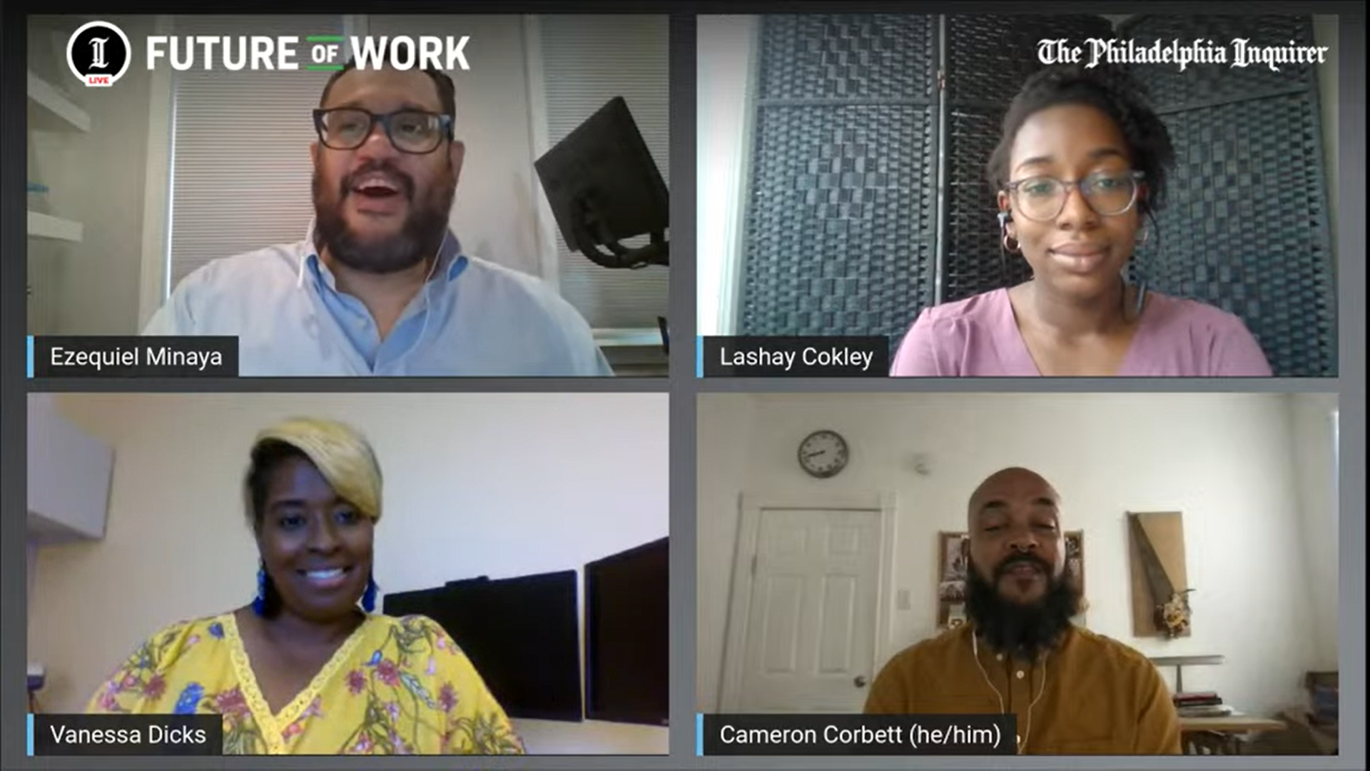 Four people in a virtual panel titled "Future of Work," each shown in a labeled video tile: Ezequiel Minaya speaking, Lashay Cokley, Vanessa Dicks, and Cameron Corbett.