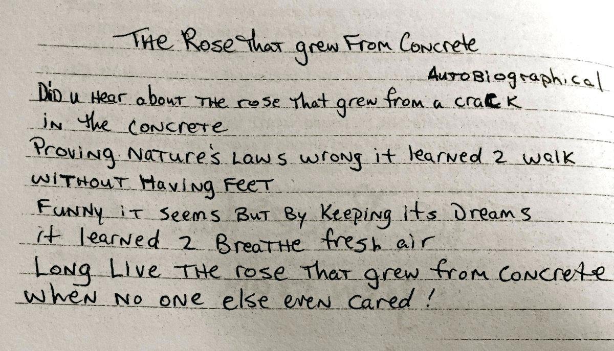 Handwritten note titled "The Rose that grew From Concrete" with lines about a rose growing from a crack in the concrete and learning to walk without having feet.