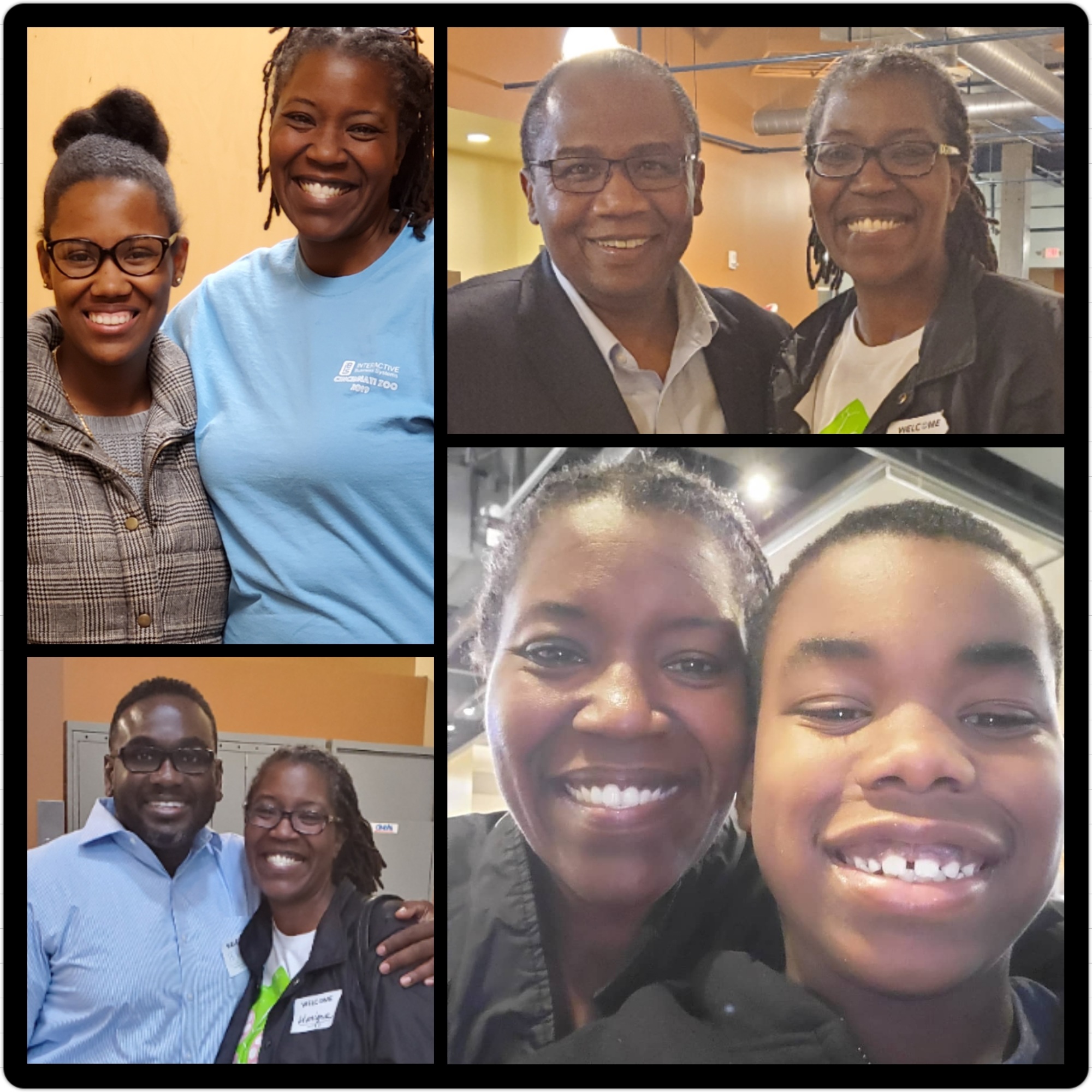 Collage of smiling people, showing adults and a child posing together.