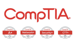CompTIA logo above four certification badges labeled "A+", "Network+", "Security+", and "CTT+".