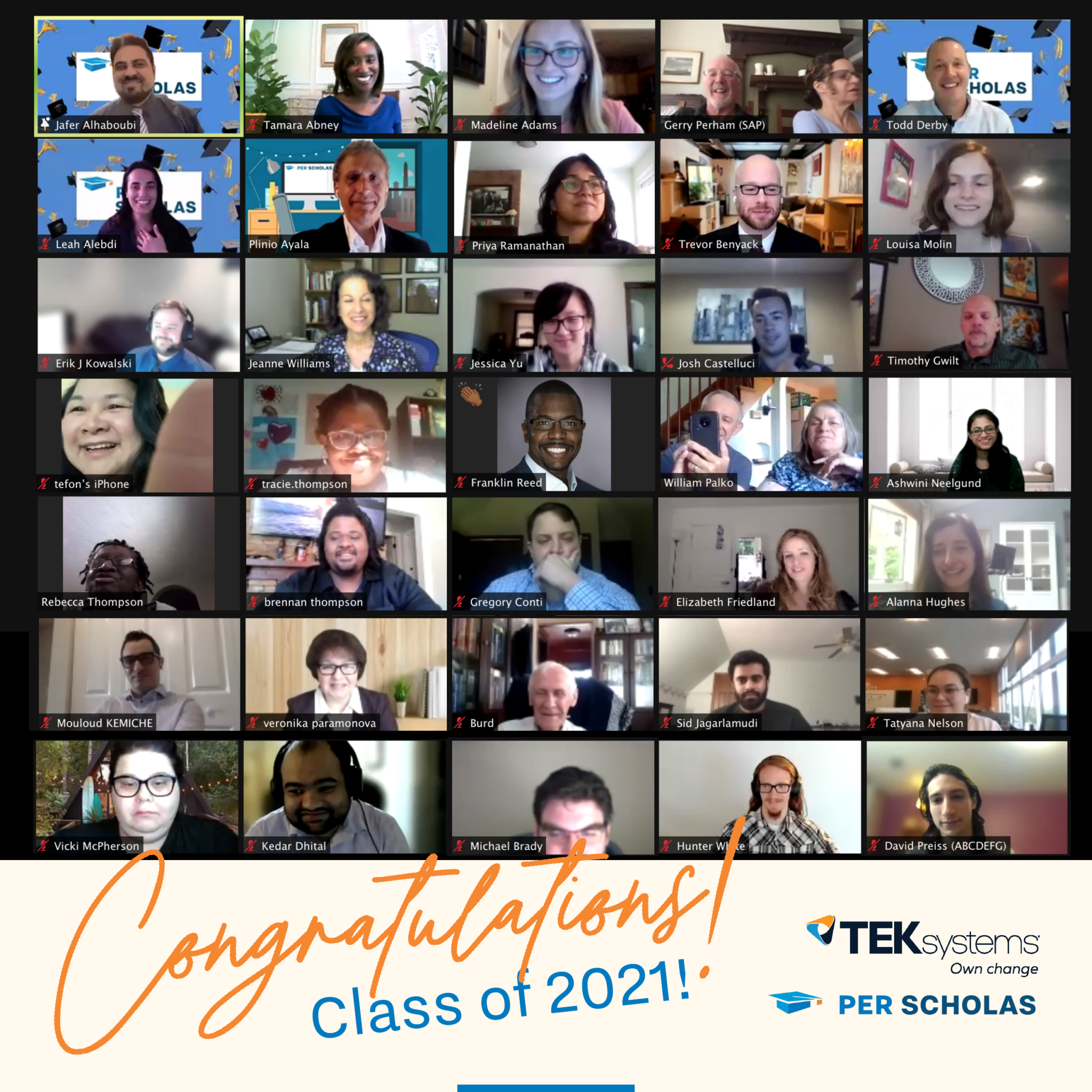 Virtual graduation screenshot showing a grid of smiling graduates on a video call with the text "Congratulations! Class of 2021!" with the TEKsystems and Per Scholas logo.