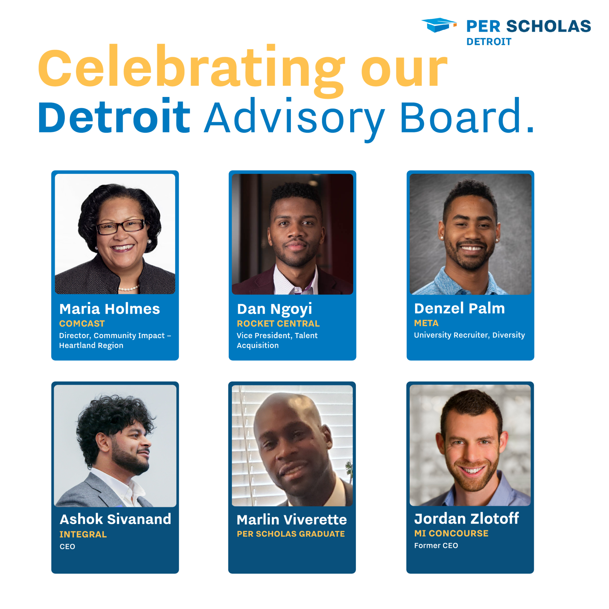 Celebrating our Detroit Advisory Board with headshots and names of six board members and their affiliations.
