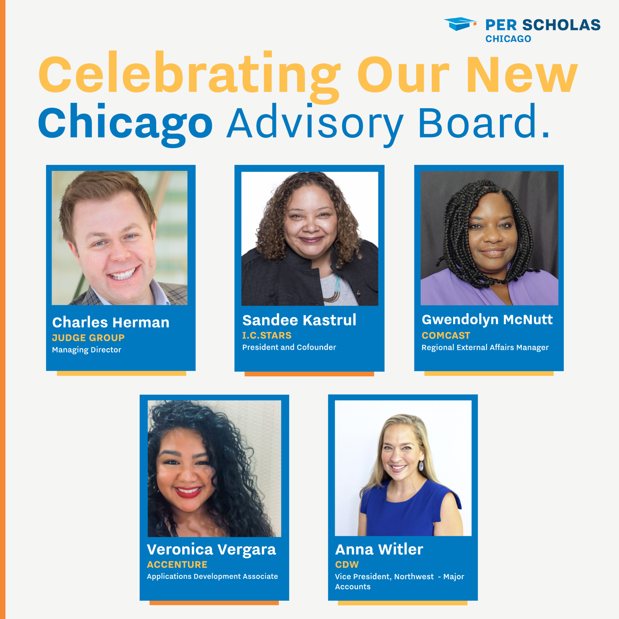 Celebrating Our New Chicago Advisory Board with five member headshots and names, titles and employers.