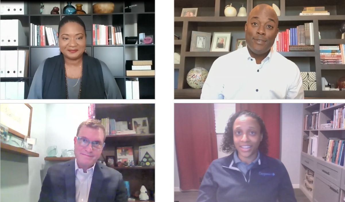 Four people appearing in a virtual video call, speaking to camera.