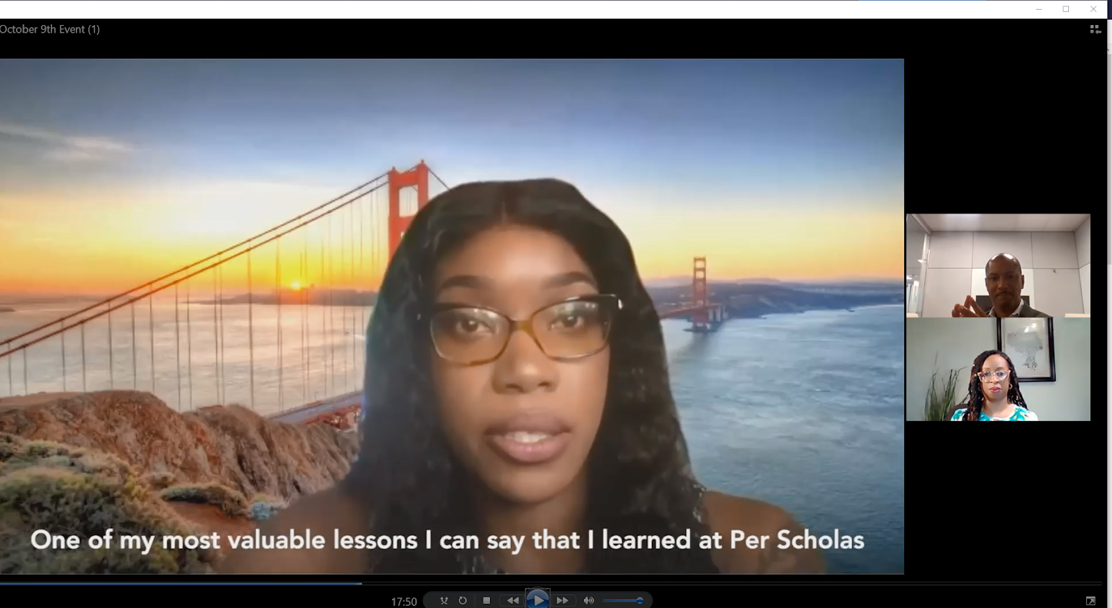 Woman speaking in a virtual meeting with two other participants and closed caption text reading, "One of my most valuable lessons I can say that I learned at Per Scholas."