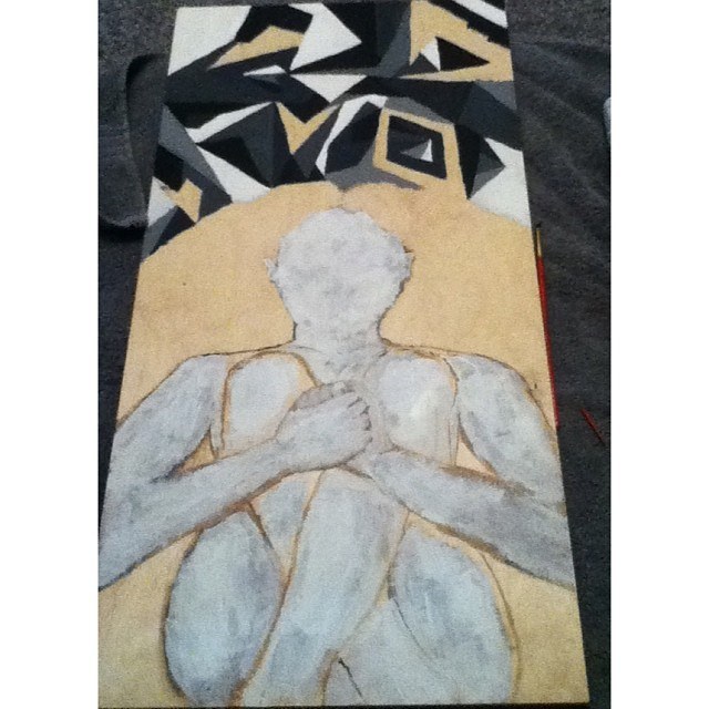 A painting of a figure sitting with knees drawn to chest and hands clasped over them beneath an abstract geometric arch.