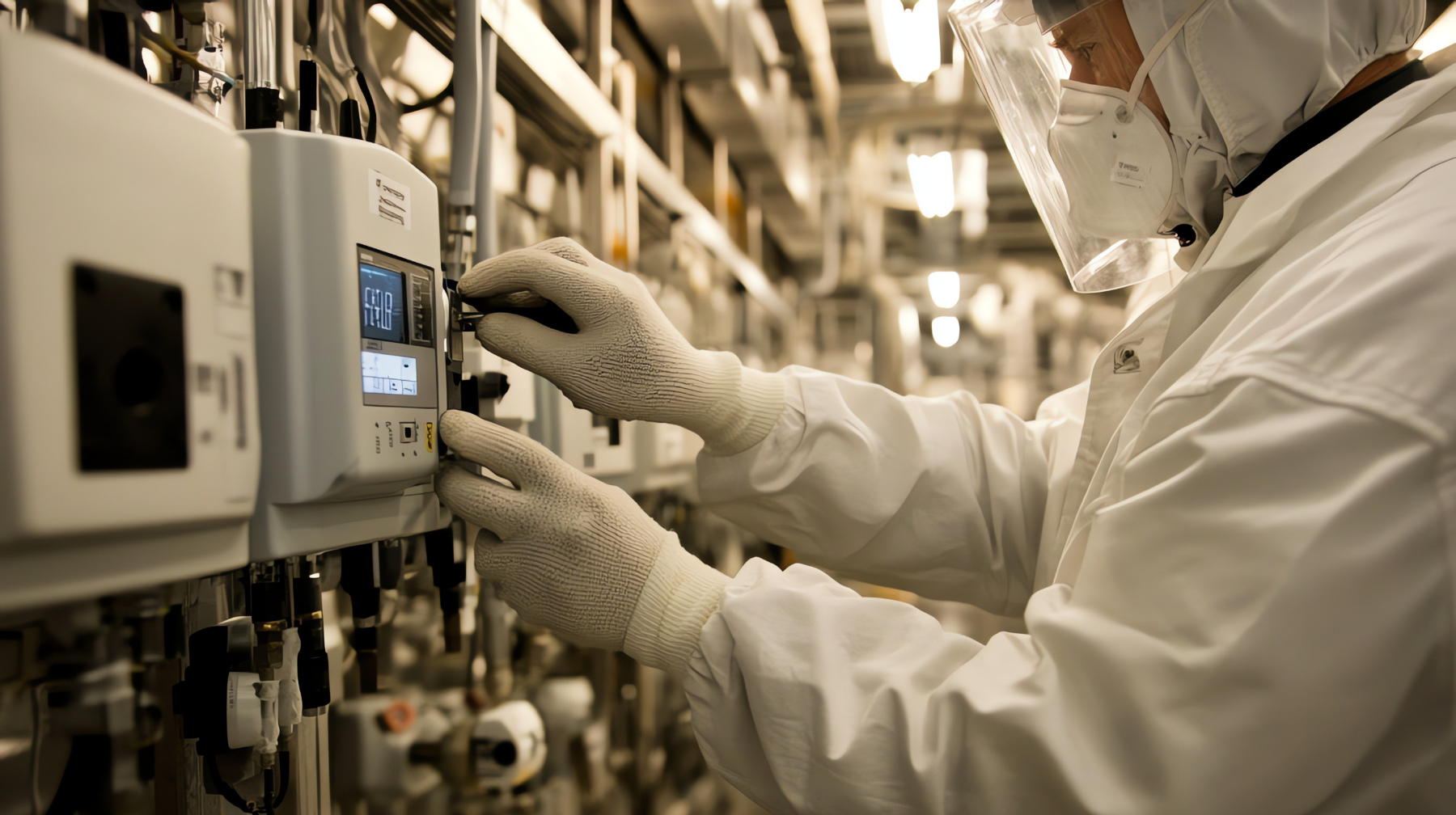 Technician in protective gear adjusting controls on industrial equipment in a manufacturing facility.
