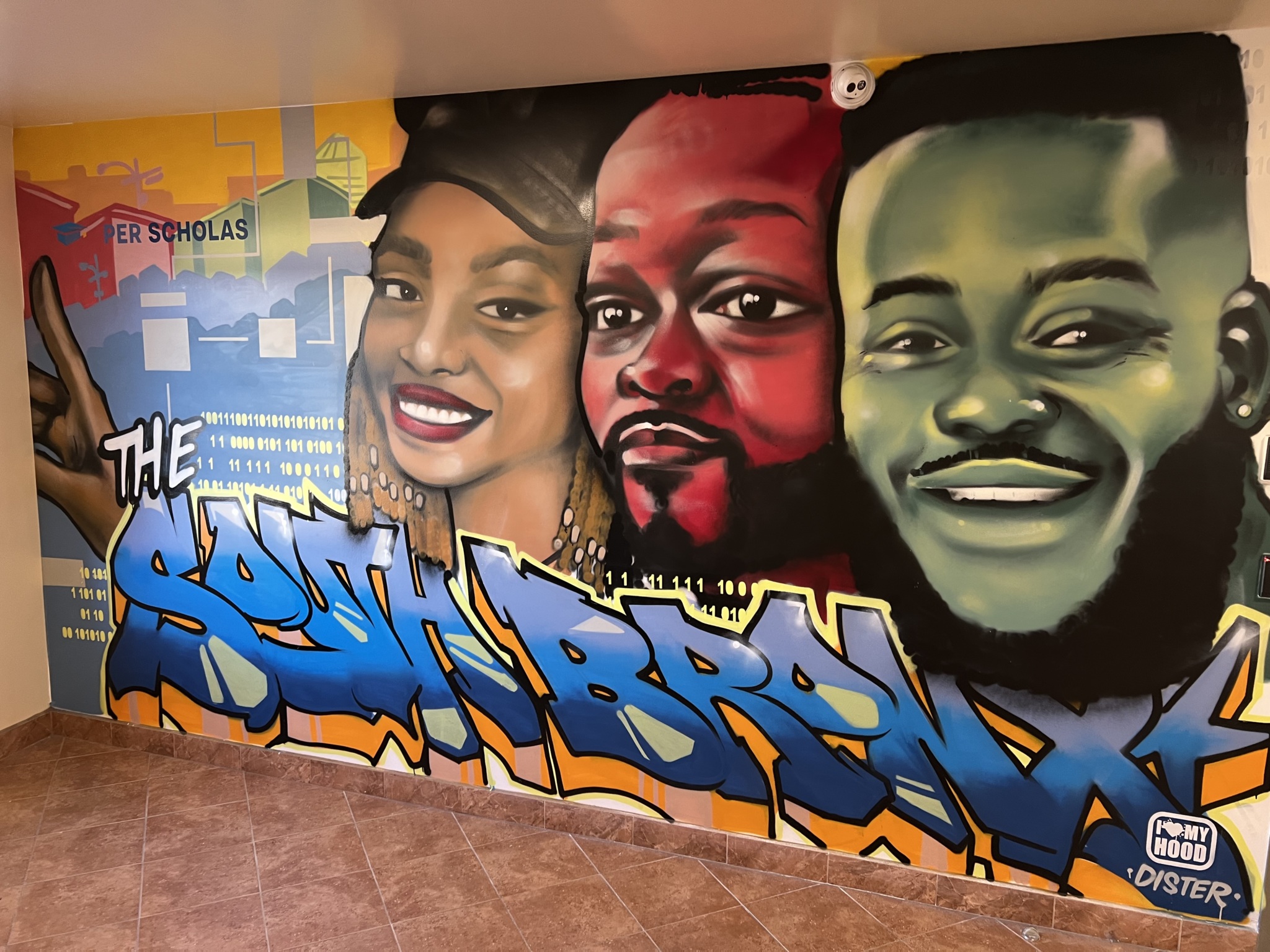 Mural featuring three large stylized portraits of smiling adults above graffiti text reading "The South Bronx."