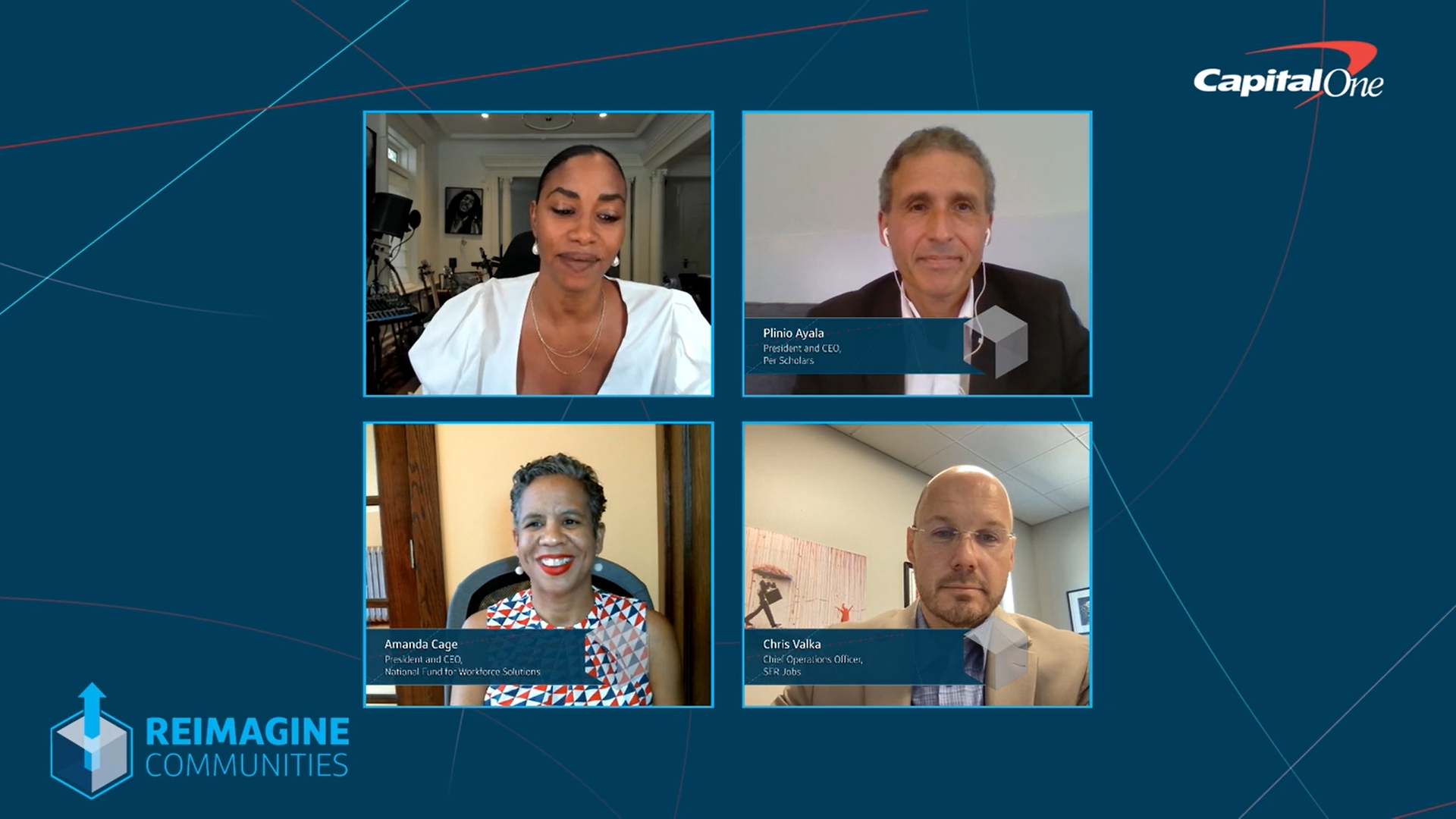 Four headshot video windows showing a virtual panel discussion titled "Reimagine Communities" with the Capital One logo; lower-left text reads "REIMAGINE COMMUNITIES."