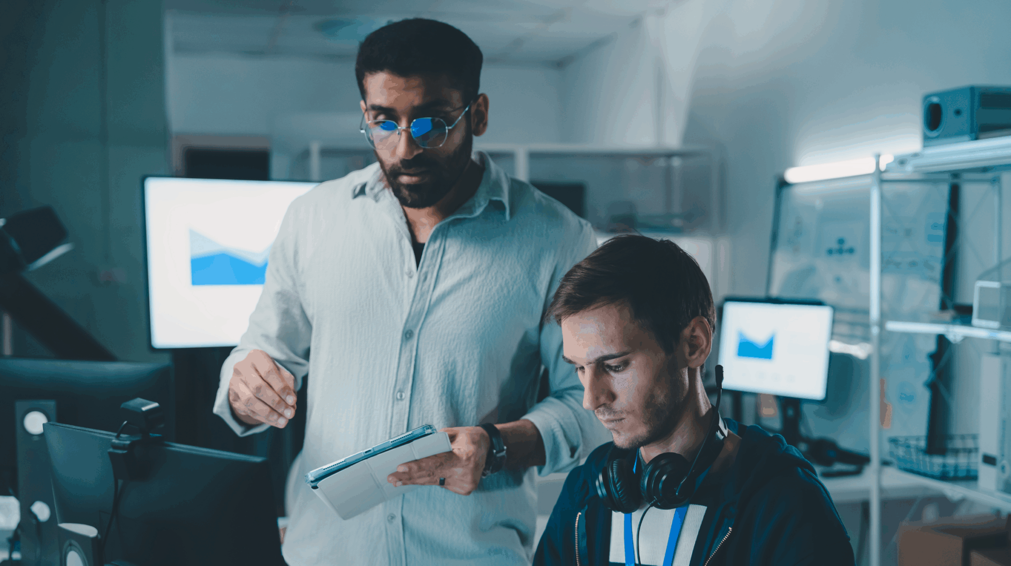 Two colleagues collaborating at a computer workstation, one standing with a tablet and the other seated wearing headphones, focused on a data chart on the screen.