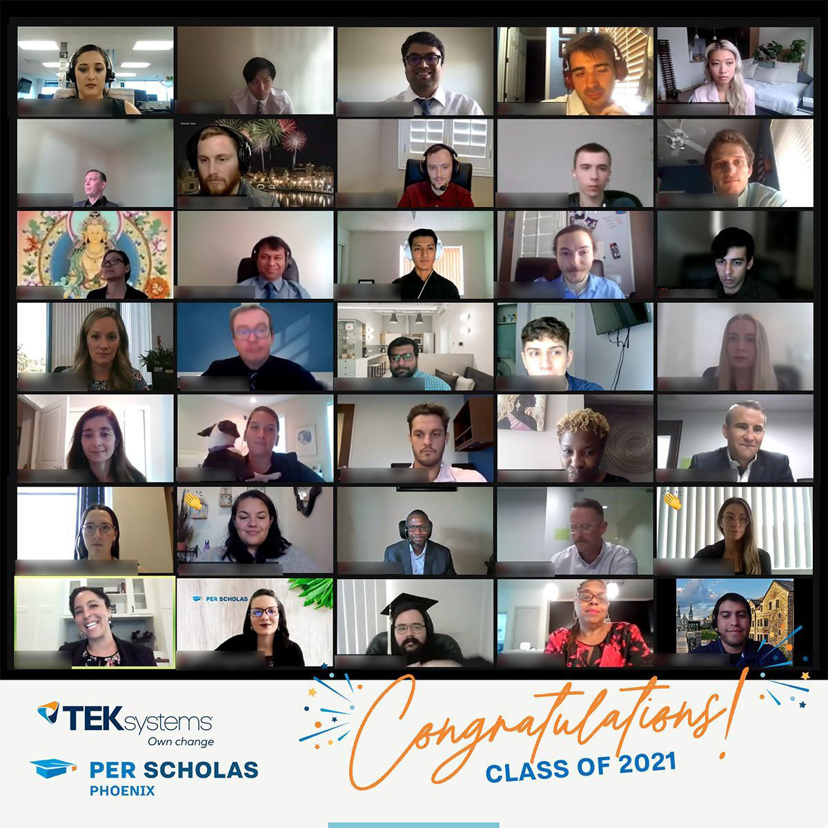 Grid of video call thumbnails showing many adult graduates and instructors in a virtual ceremony, with a banner below reading "Congratulations! Class of 2021" with Per Scholas Phoenix and TEKsystems logos.
