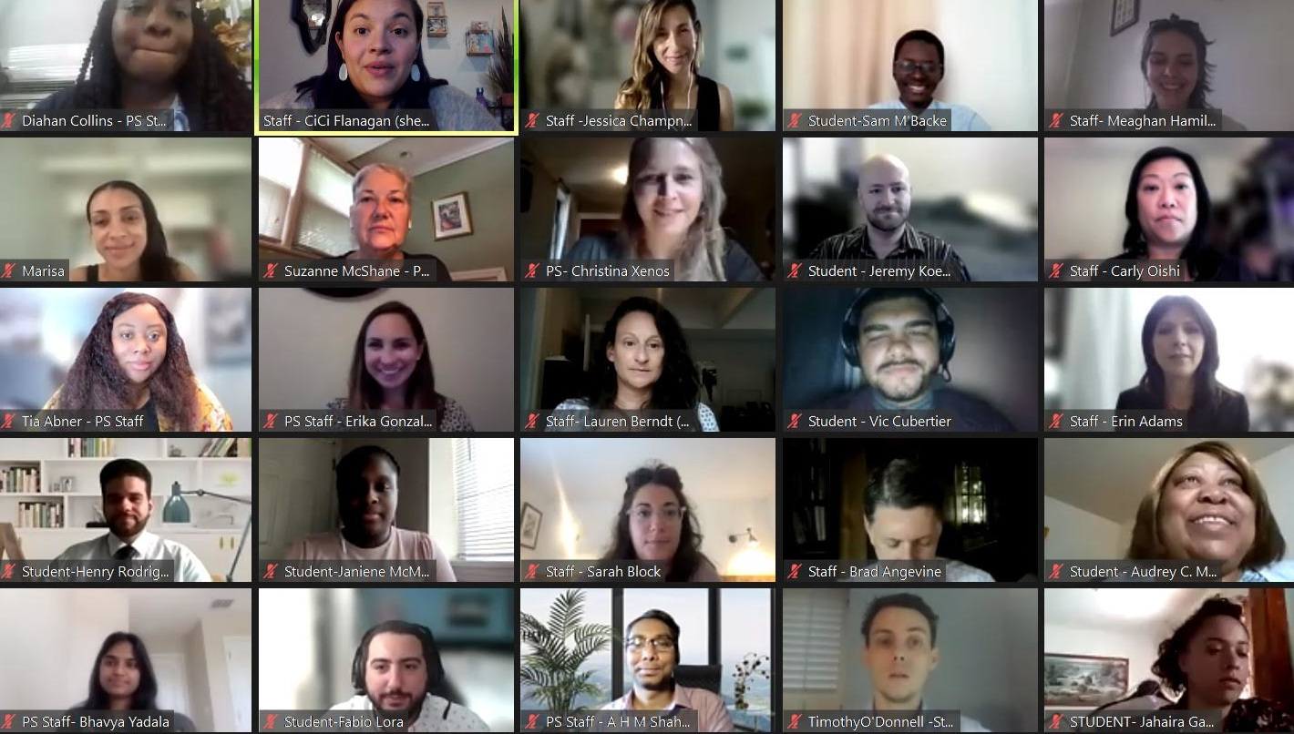 Virtual meeting grid showing many Per Scholas staff and students smiling and engaged in an online class.