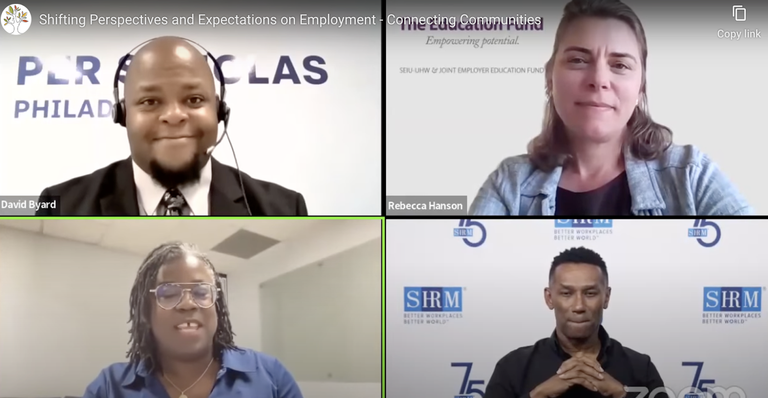 Four people in a virtual panel grid, each speaking from separate locations.