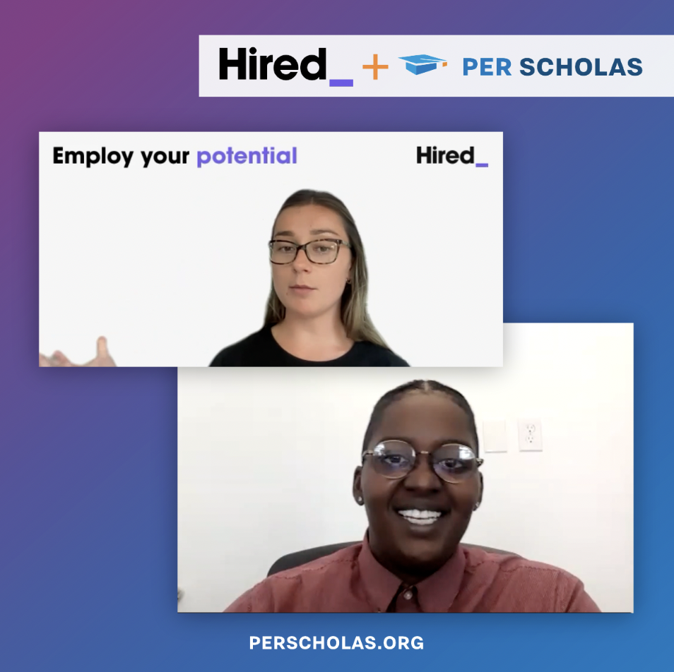 Hired and Per Scholas logos above two people in a virtual webinar titled "Employ your potential," with one presenter speaking and another smiling with the perscholas.org text at bottom.