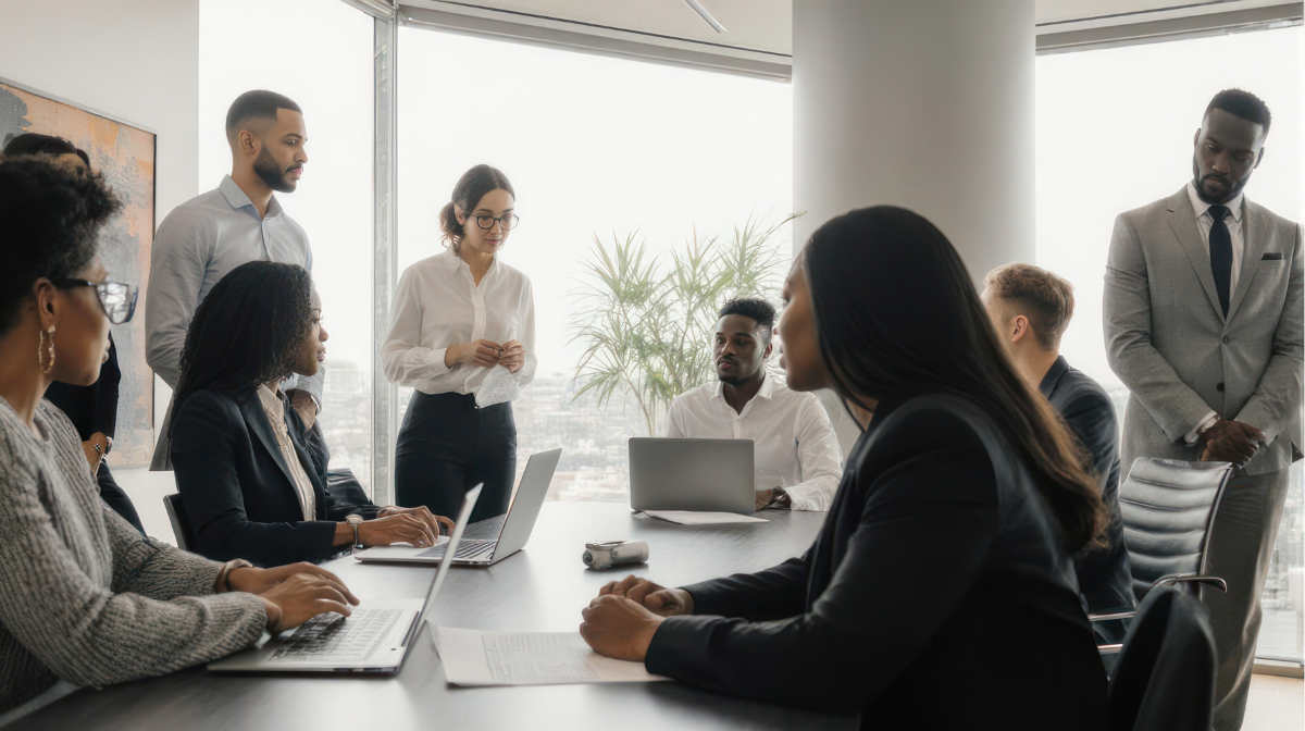 Diverse group of business professionals collaborating in a modern conference room, with team members standing and seated around a table using laptops during a meeting.