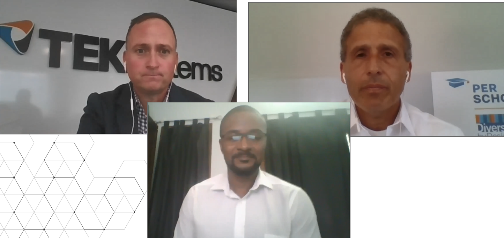 Three men appearing in a virtual panel discussion.