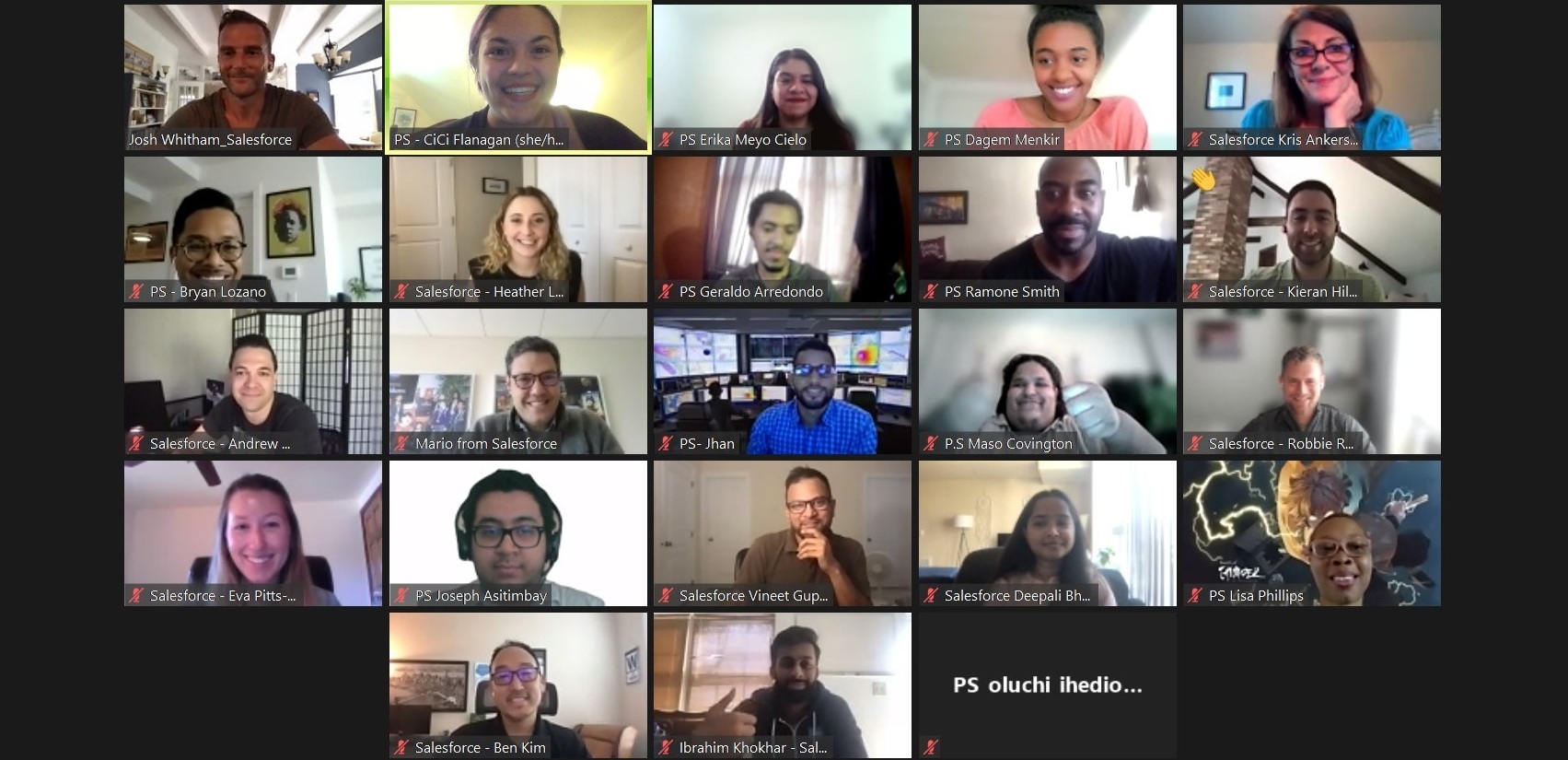 Per Scholas and Salesforce staff and trainees smiling in a virtual group video call.