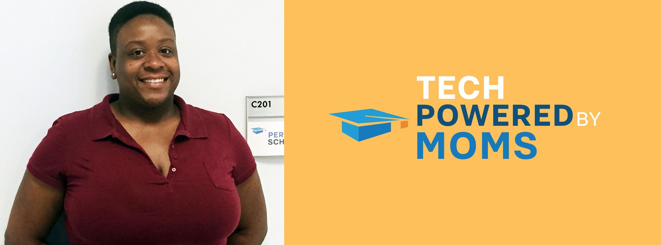 Smiling woman standing in a classroom beside a sign, next to the "Tech Powered By Moms" logo.