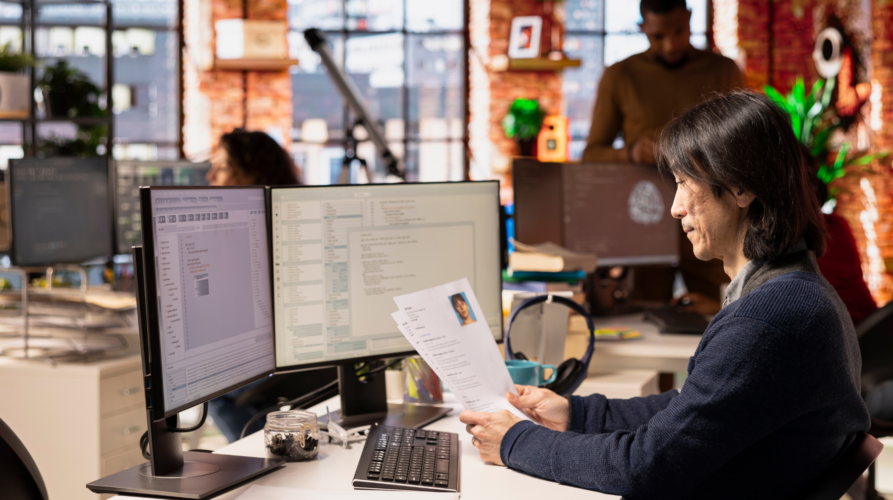 Man at a desk reviewing a printed resume while sitting in front of two computer monitors in an open office.