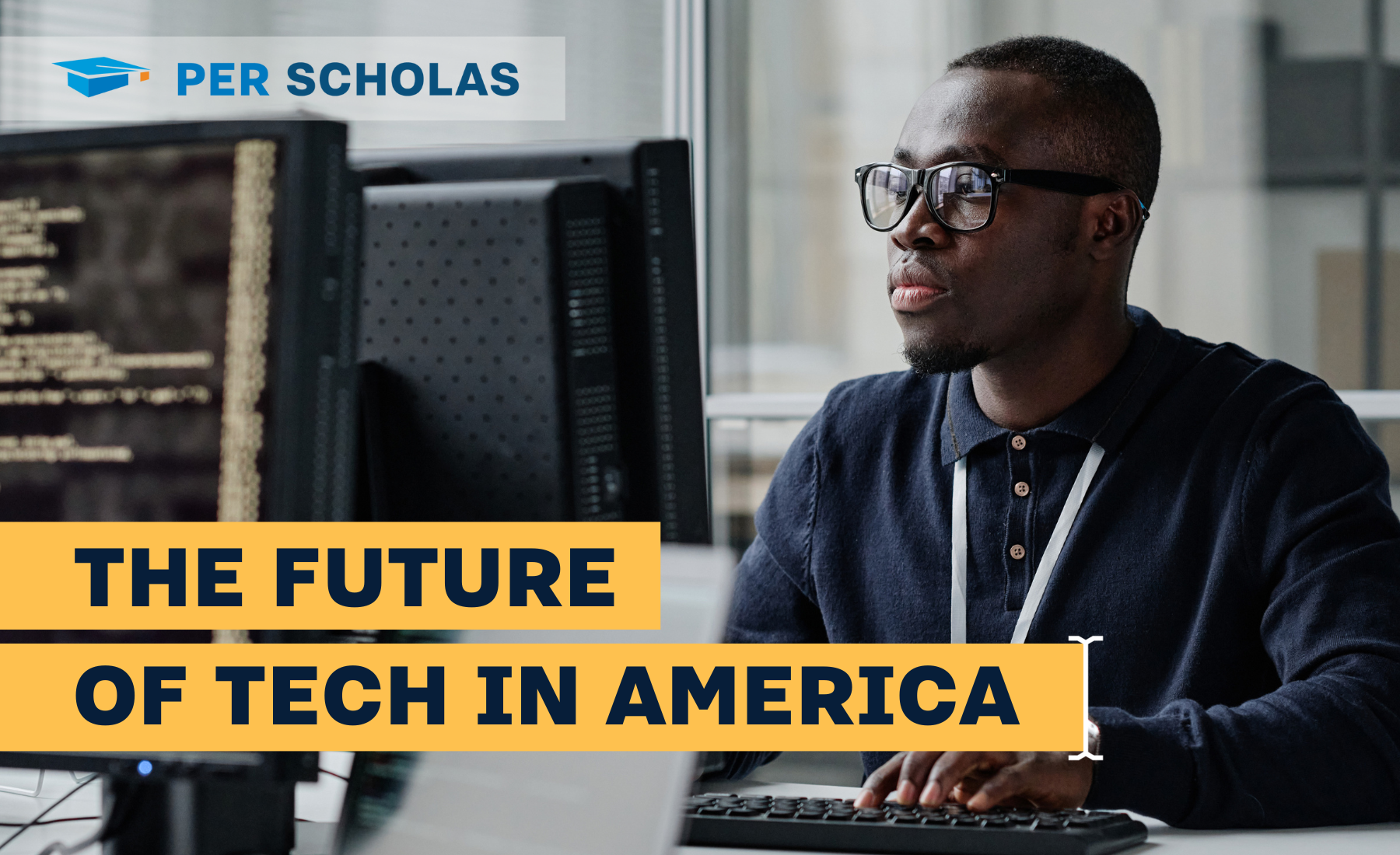 A focused male learner at a computer with text overlay "The Future Of Tech In America" and the Per Scholas logo.