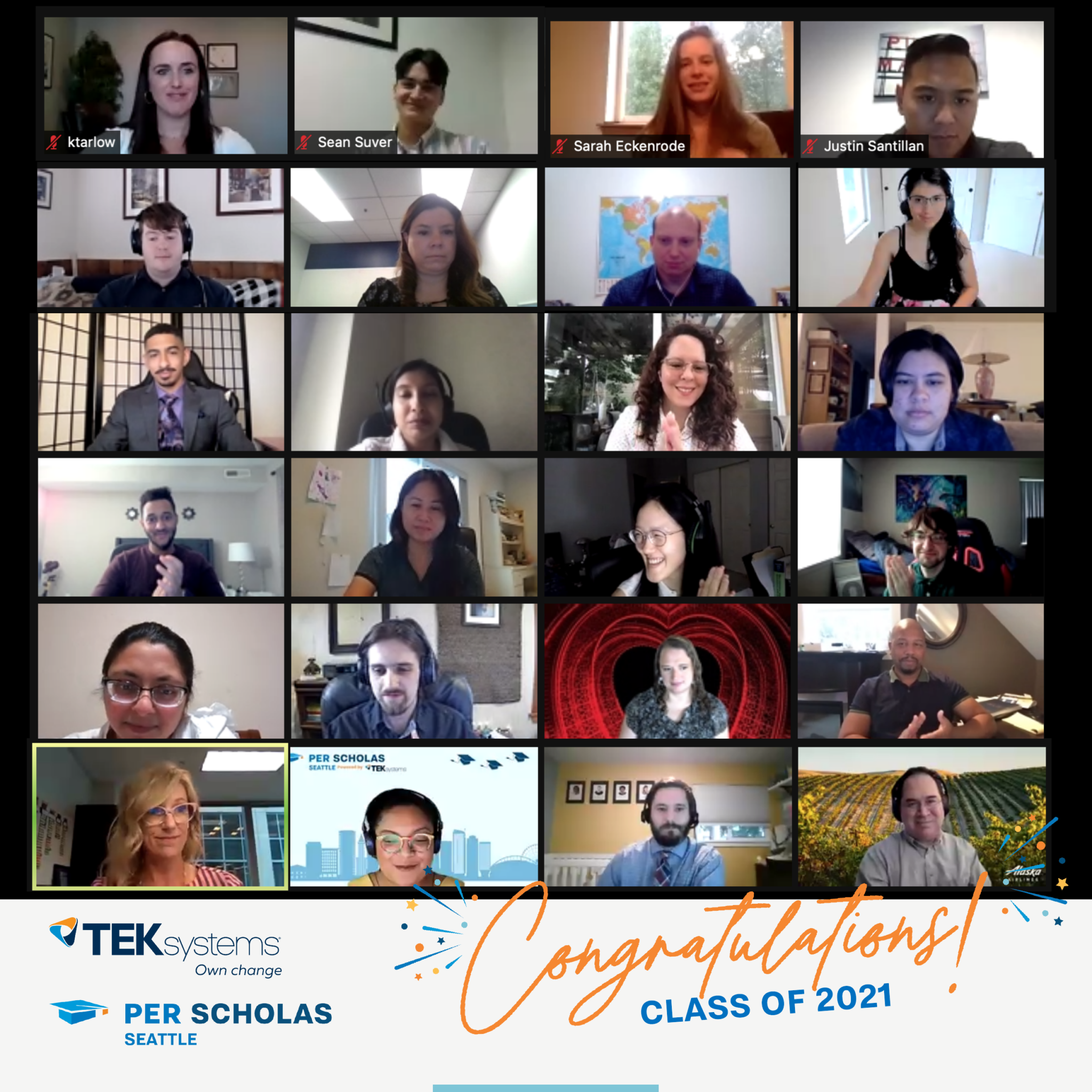 Virtual graduation screenshot showing a grid of smiling graduates on a video call with a banner reading "Congratulations! Class of 2021!" with the TEKsystems and Per Scholas Seattle logo.