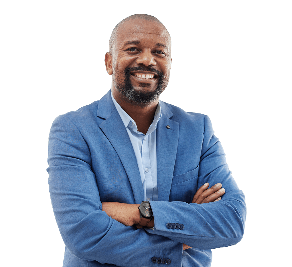 Smiling adult man standing with arms crossed.