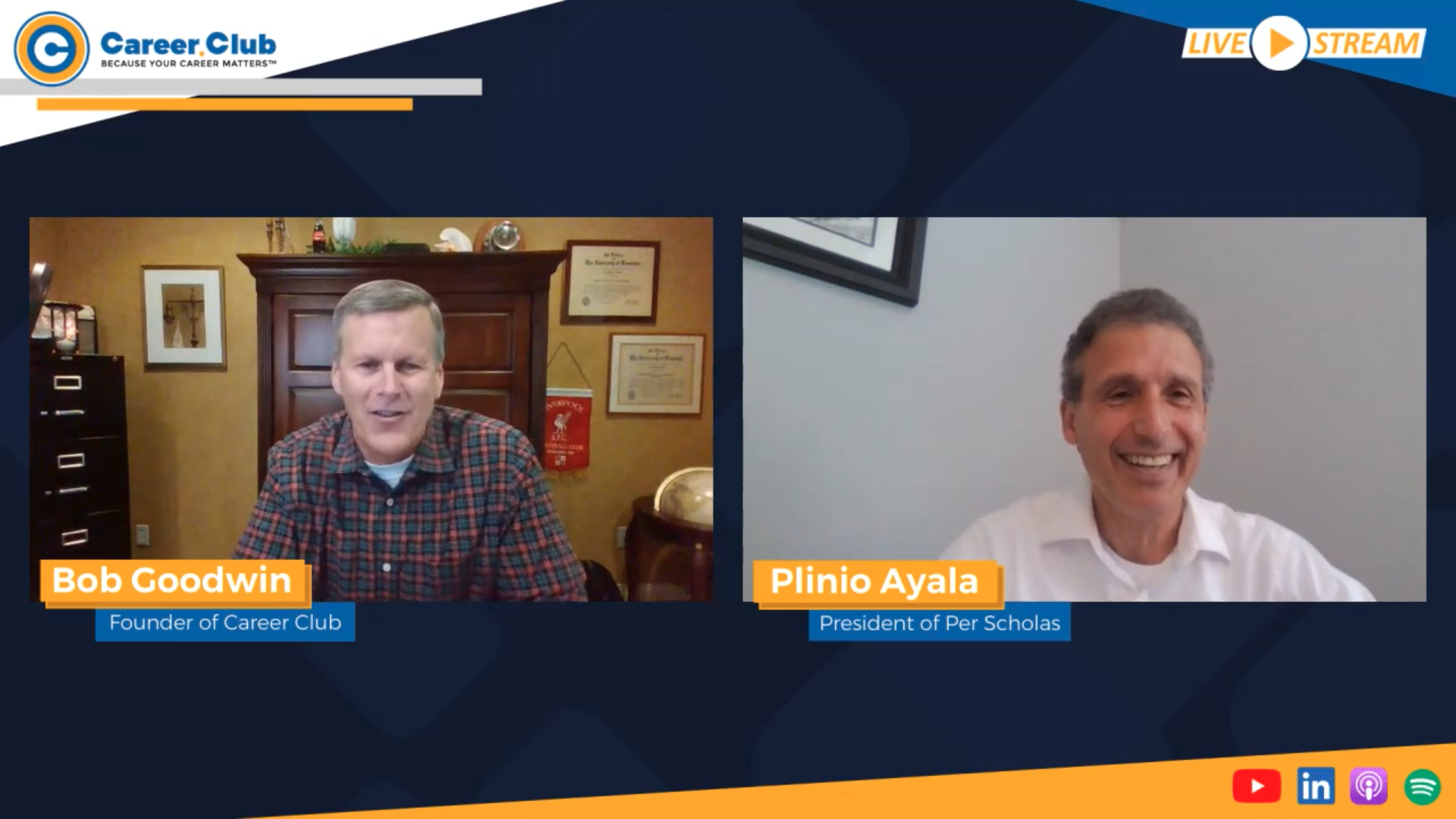 Bob Goodwin, Founder of Career Club and Plinio Ayala, President of Per Scholas, smiling during a livestream conversation.