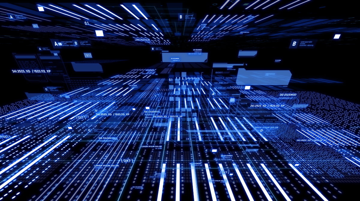 Glowing blue data streams converging in an abstract digital tunnel.