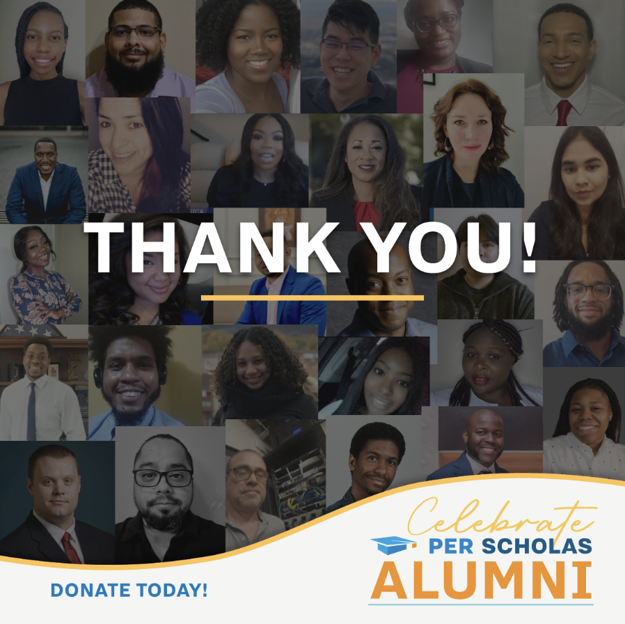 Collage of Per Scholas alumni headshots with large centered text reading "THANK YOU!" and a lower banner saying "Celebrate Per Scholas Alumni" and "Donate Today!".