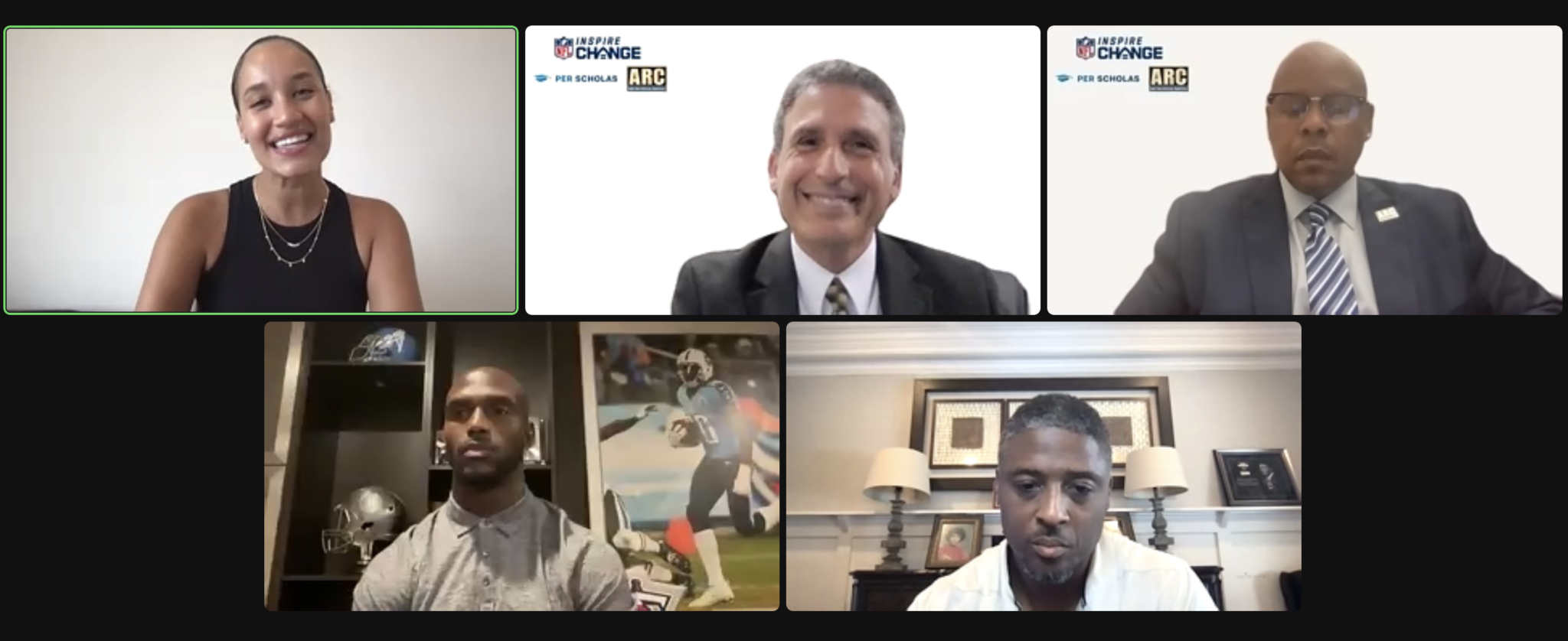 Five people in a virtual panel discussion, smiling and listening, with Per Scholas and Inspire Change logos on some participant windows.