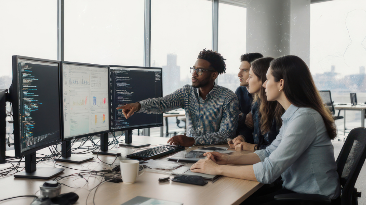 A diverse team of four professionals gathered at a desk, one person pointing at code and charts on multiple monitors as the others watch and discuss.