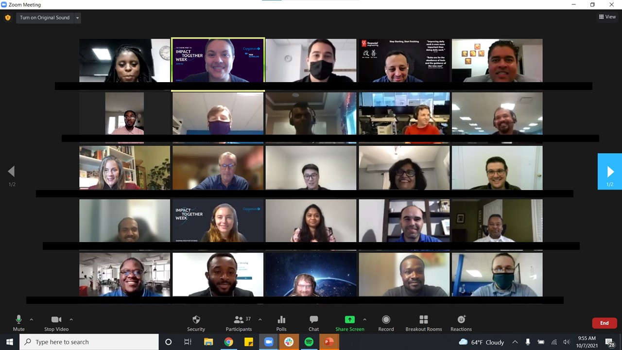 Virtual meeting gallery view showing a grid of diverse adult participants smiling and listening.