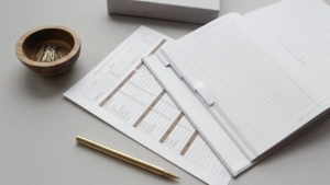Open notebook and planner laid out with a pen.