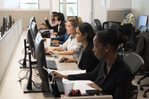 Adult learners working at desktop computers in a classroom, focused on their screens.