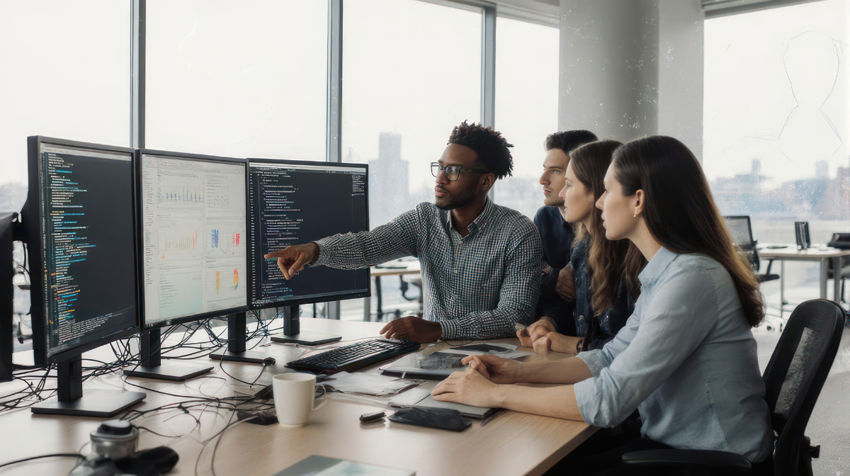 A diverse team of four professionals gathered at a desk, one person pointing at code and charts on multiple monitors as the others watch and discuss.