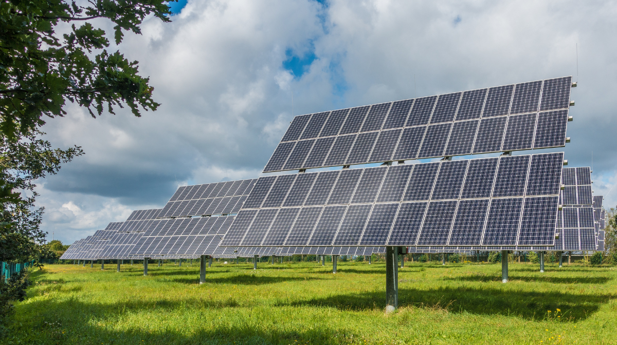 Solar panels arranged in rows in a grassy field under a partly cloudy sky.