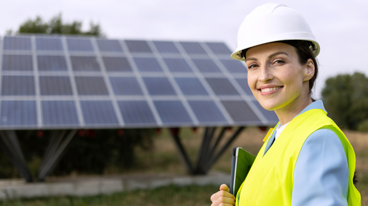 Woman wearing a hard hat and safety vest smiling while inspecting a solar panel array.