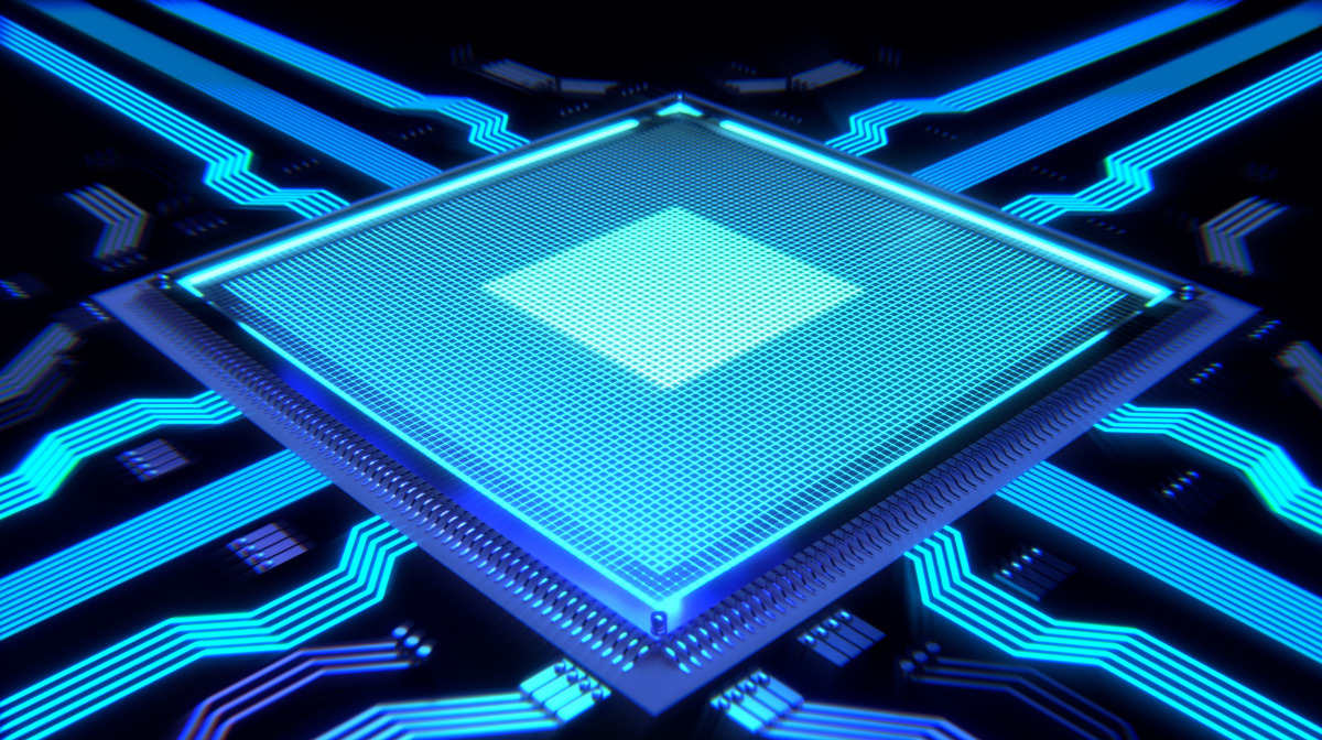 Illustrated microchip glowing blue with radiating circuit board lines.