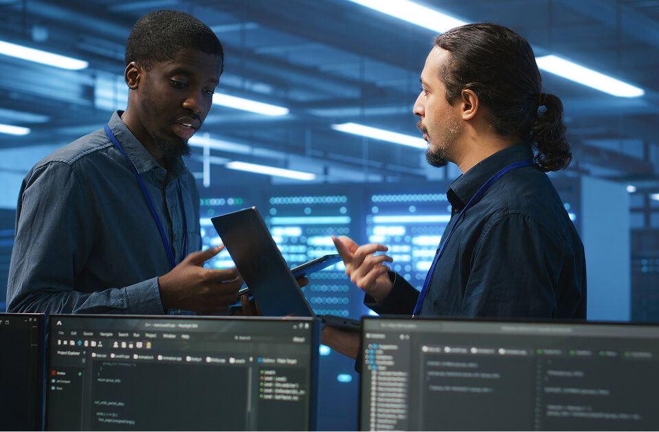 Workers examining hardware in data center, ensuring system integrity and security