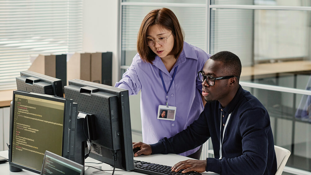 Pair or employees training on computer