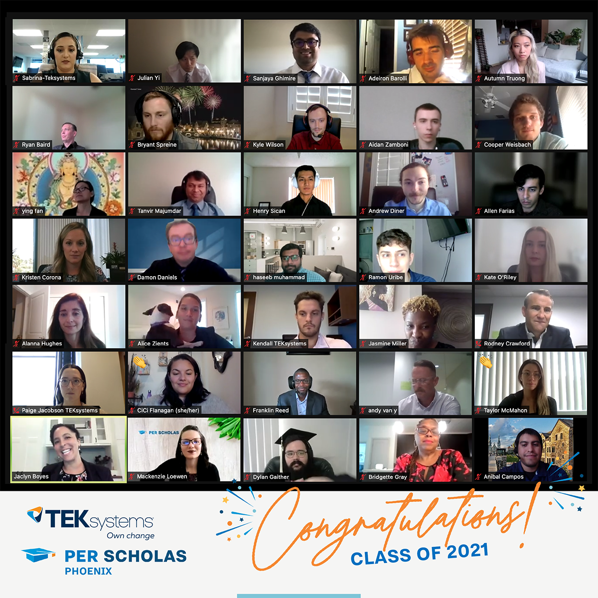 Virtual graduation screenshot showing a grid of graduates on a video call with a banner reading "Congratulations! Class of 2022!" with the TEKsystems and Per Scholas Phoenix logos.