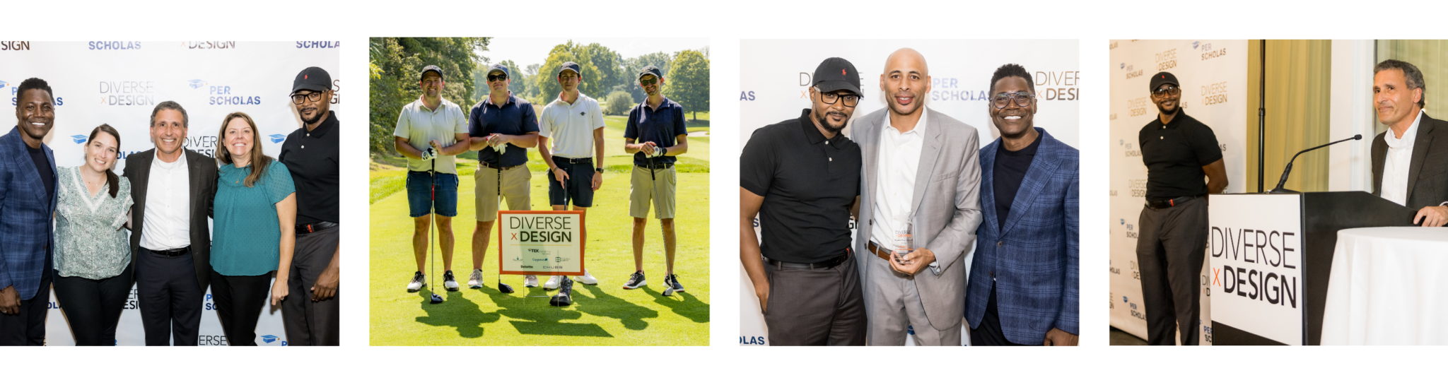 Four photos showing Per Scholas participants and supporters: a small group smiling at a Diverse x Design and Per Scholas logos step-and-repeat, four men on a golf course holding clubs with a "Diverse x Design" sign, three men posing with an award, and a speaker at a podium with "Diverse x Design" branding.