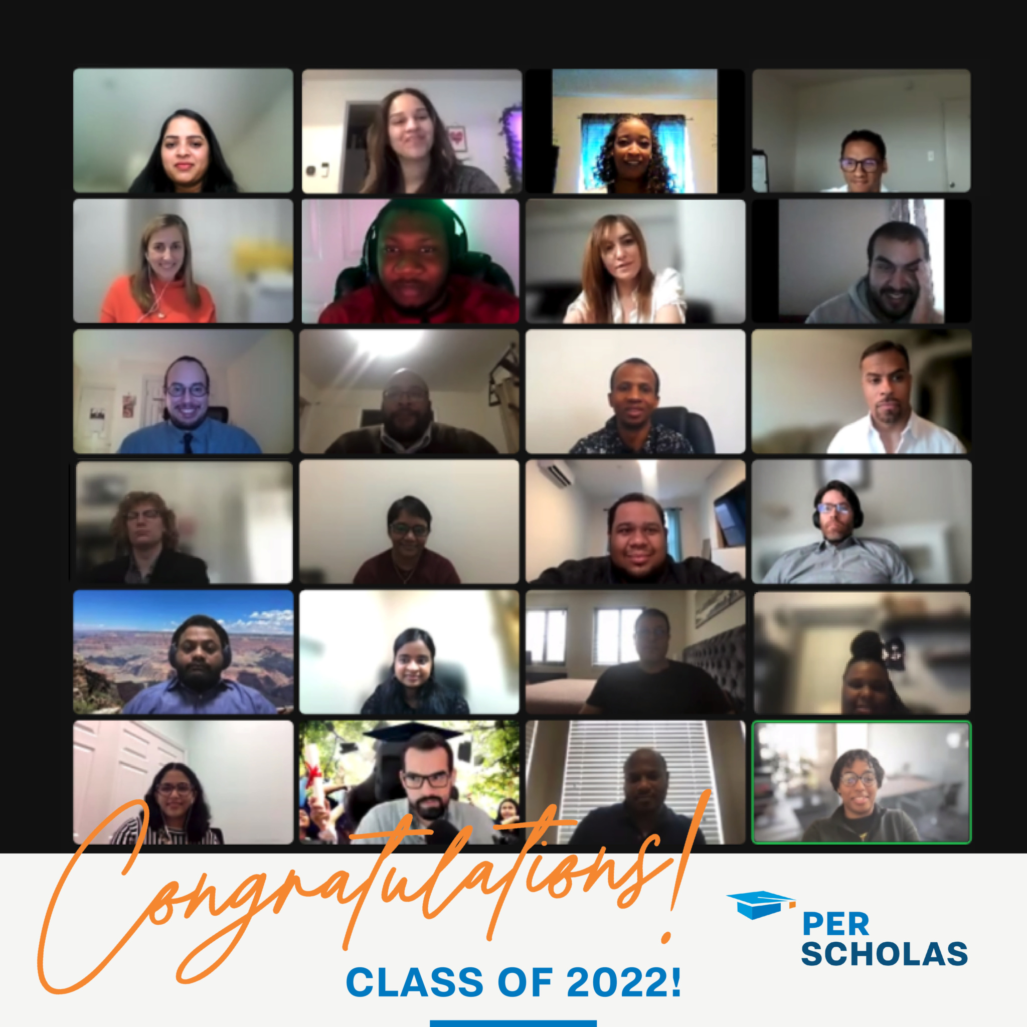 Virtual graduation screenshot showing a grid of smiling graduates on a video call with the text "Congratulations! Class of 2022!" and the Per Scholas logo.