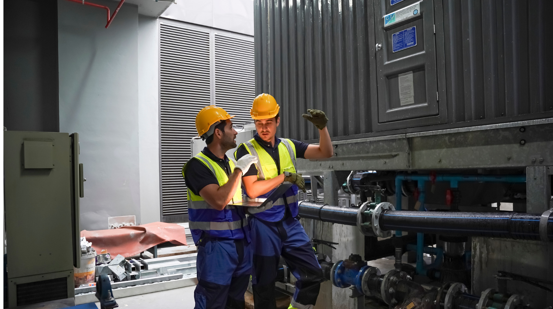 Two technicians in hard hats and safety vests working beside industrial cooling equipment and piping