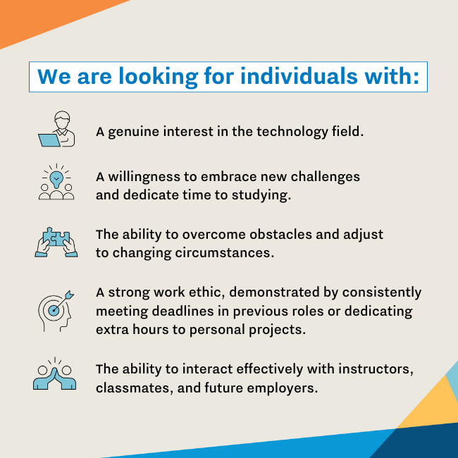 Infographic reading: “We are looking for individuals with: A genuine interest in the technology field. A willingness to embrace new challenges and dedicate time to studying. The ability to overcome obstacles and adjust to changing circumstances. A strong work ethic, demonstrated by consistently meeting deadlines in previous roles or dedicating extra hours to personal projects. The ability to interact effectively with instructors, classmates, and future employers.”