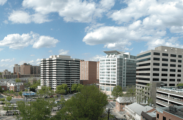 Silver Spring, Maryland skyline with a mix of mid-rise office and residential buildings under a blue sky.