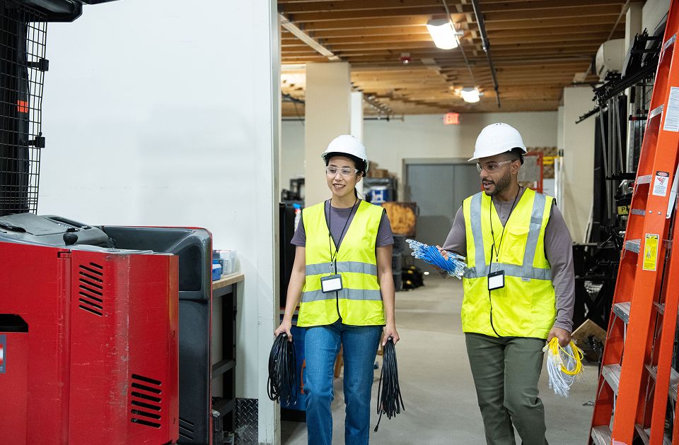 Female and male in hard hats and safety vests carrying cables while walking past a forklift and ladder in a facility.